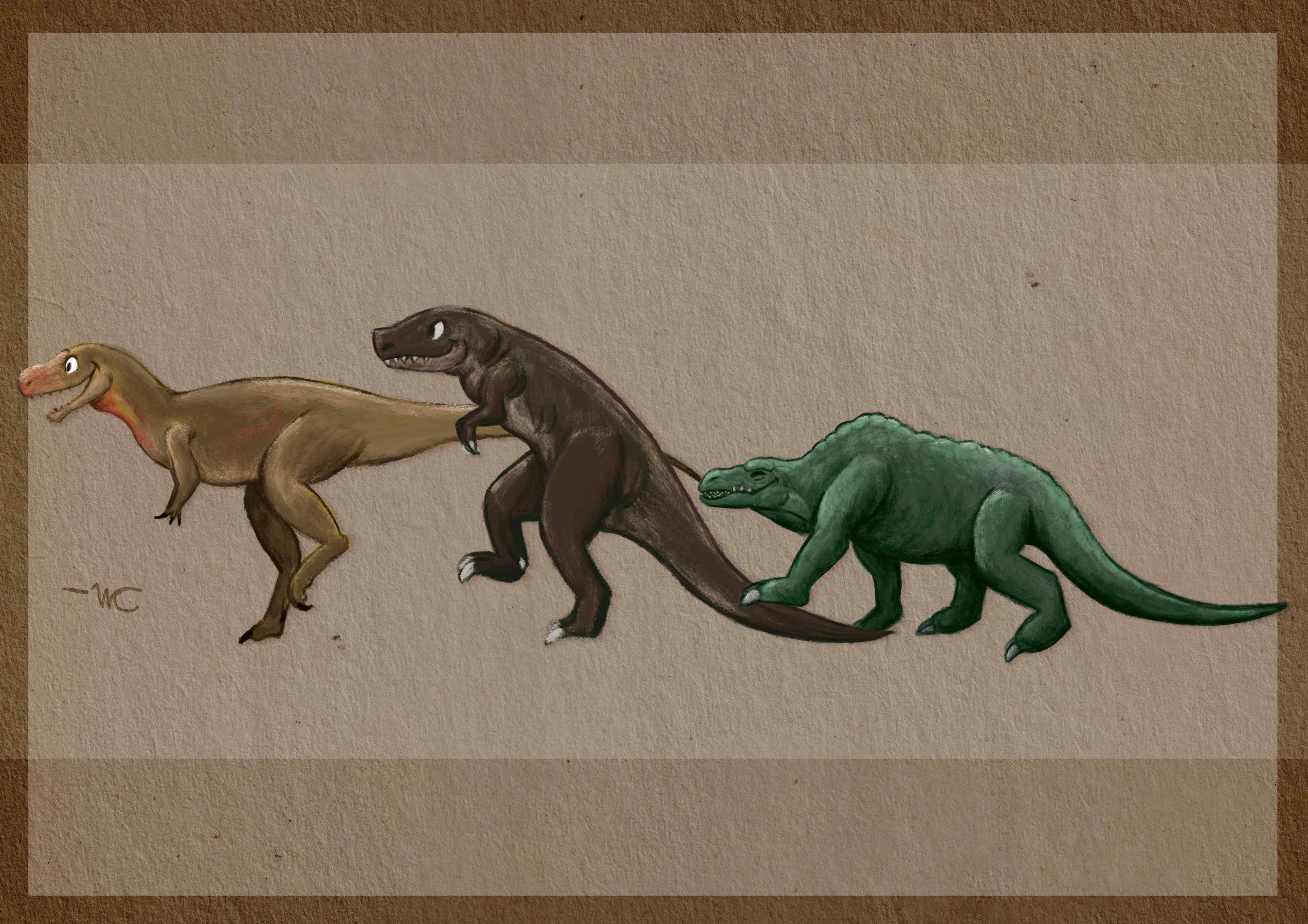 Three cartoon drawings of Megalosaurus bucklandii as it has appeared throughout our history. They are marching together towards the left of the page. The one on the far right is the Crystal Palace Megalosaurus and is green. In the middle is a retro bipedal depiction of the dinosaur with its hands pointed downwards. It's a dark brown colour with hints of green. The last Megalosaurus is drawn based on our modern understanding of the animal. It is a light brown, with spots of red colour on its nose and neck. They all look happy. The background is a simple brown paper texture with a border. 
